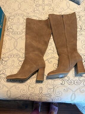 Women's Tall Block Heel Boots - Taupe Suede Wide Calf